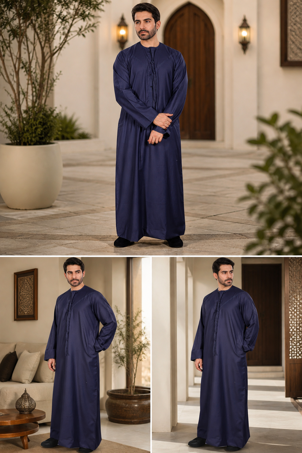 Men's Premium Emirati Thoube With Zip & Tassel Navy Blue